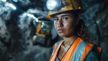 A woman is in a mine wearing a helmet and safety vest photo