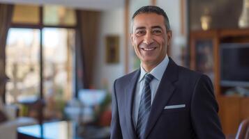 Professional Middle Eastern Man in a Suit, Confident Business Portrait in Modern Office Setting for Corporate Use photo