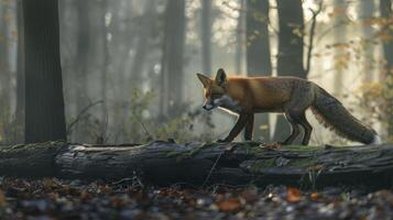 Felidae Swift fox is crossing a log in the woodland biome photo