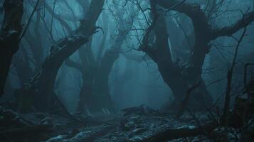 Mysterious forest with foggy trees at night, a haunting natural landscape photo