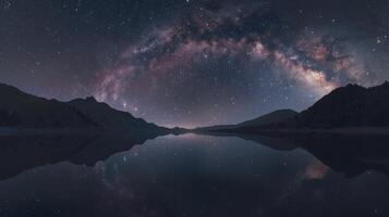 Milky way visible above lake, mountains, and tranquil waters photo