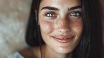 de cerca retrato de sonriente mujer con pecas y azul ojos, natural belleza, diversidad en fotografía para imprimir, tarjeta, póster diseño foto