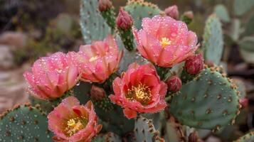 Closeup of a pink flowered cactus with green leaves photo