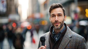 Man with beard and moustache holding microphone on city street photo