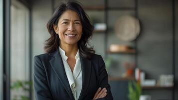 Confident Asian Businesswoman Standing with Arms Crossed in Modern Office Setting photo