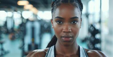 Woman in gym smiling at camera, happy and ready for workout photo