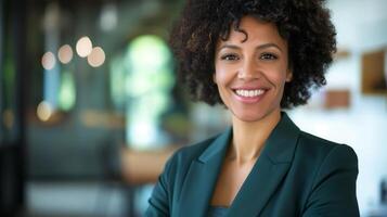 Confident Businesswoman in Green Suit Smiling in Modern Office Setting - Professional Portrait for Corporate Use photo