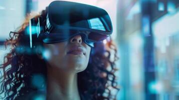 Woman in electric blue eyewear smiles while wearing virtual reality headset photo