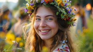 un contento mujer con un flor guirnalda en su cabeza, sonriente en un campo de iris foto