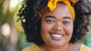 A woman with a Jheri curl and black hair is smiling, wearing a yellow headband photo