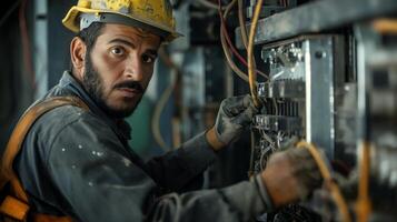 un militar persona en un casco gestos mientras trabajando en Ingenieria máquina foto