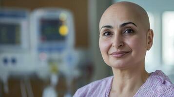 confidente medio oriental mujer luchando cáncer, vistiendo hospital vestido, inspirador fuerza y esperanza foto