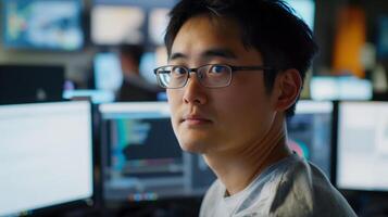 a man wearing glasses is sitting in front of a computer monitor photo