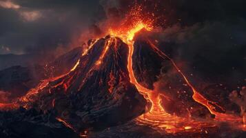 volcán en erupción, escupiendo ardiente lava dentro el paisaje foto