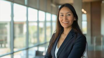 profesional mujer de negocios en moderno oficina ambiente, diversidad, y confianza en el lugar de trabajo foto