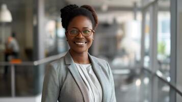 Professional African Woman Smiling in Office Environment, Business Attire, Diversity and Inclusion Concept photo