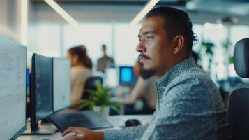 A man with a beard is working on a computer in an office building photo
