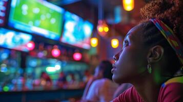 fútbol ventilador disfrutando un partido a un animado bar con amigos, divertido Deportes evento, diverso audiencia, bar atmósfera, diseño para social medios de comunicación y promociones foto