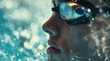 Close up of person in water wearing swimming goggles for recreation and fun photo