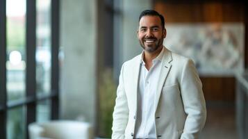 Professional Businessman in Modern Office Setting, Smiling Confidently in White Suit Jacket, Diverse Business Professional Stock Photography photo