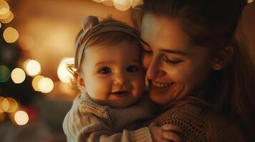 el contento mujer es compartiendo un sonrisa con el bebé en frente de el Navidad árbol foto