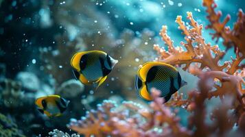 School of fish swimming in underwater coral reef ecosystem photo