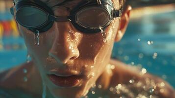 un joven chico vistiendo gafas de protección es disfrutando un nadar en el piscina foto