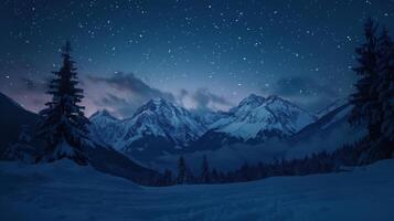 Snowy mountain range at night with trees in foreground, starry sky in background photo