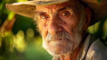 un más viejo hombre con un barba y sombrero es mirando a el cámara foto