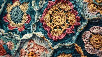 Close up of a woolen purple crocheted pattern on a blue background photo