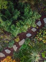 Landscape with flower beds and path, natural landscaping in home garden. Nice landscaped garden in residential backyard. Aerial view photo