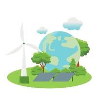 Clean energy concept on World Environment Day or International Forest Day, tree concept and earth globe with solar panels with wind turbine on nature background. Ecology and environment vector