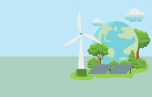 Clean energy concept on World Environment Day or International Forest Day, tree concept and earth globe with solar panels with wind turbine on nature background. Ecology and environment vector