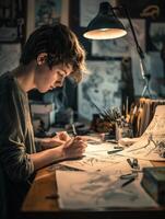 a young man is sitting at a desk drawing on a piece of paper photo