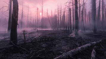 A purple forest with a sunset painting the sky in the background photo