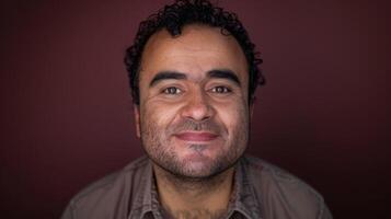 Man with a beard smiling, making eye contact with camera photo