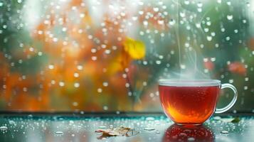 A cup of green tea rests on a windowsill on a rainy day photo