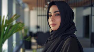 confidente joven medio oriental mujer en hijab - profesional espacio de trabajo, diversidad, empoderamiento, y inclusión foto