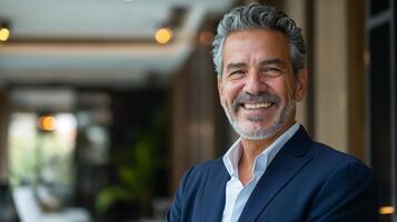 Confident Mature Professional Businessman Smiling in Modern Office Setting Corporate Headshot for Business Profiles, Marketing, and Branding photo