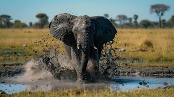 un trabajando elefante caminando mediante un lodoso pradera foto