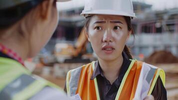 Two women in hard hats and safety vests chatting at a construction site photo