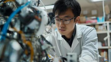 An engineer in a lab coat is working on a machine in a science lab photo