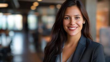 profesional mujer de negocios sonriente en moderno oficina configuración, corporativo ambiente, negocio concepto, diverso hembra líder foto