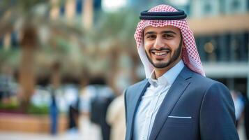 negocio profesional con tradicional saudi árabe atuendo al aire libre, atención en diverso moderno personal, ideal para cultural y corporativo utilizar foto