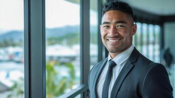 Professional Businessman Smiling in Modern Office with Scenic View - Diversity in Business Environment photo