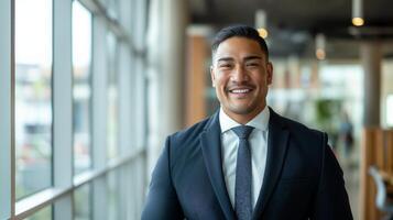 Professional Businessman Smiling in Modern Office Environment for Corporate Design, Print, or Web Use photo