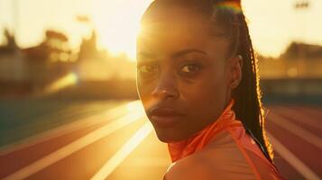 cerca arriba de un contento mujer en pista a atardecer, sonriente con lente llamarada foto