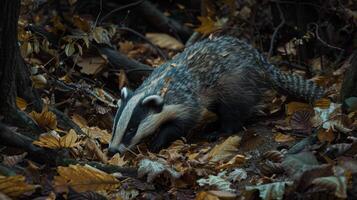 Terrestrial animal resting among leaves in woodland habitat photo