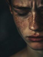 Close up of womans face with tear on cheek and sadness in her eyes photo