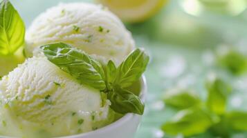 Dish of ice cream garnished with fresh mint leaves, a plant ingredient photo